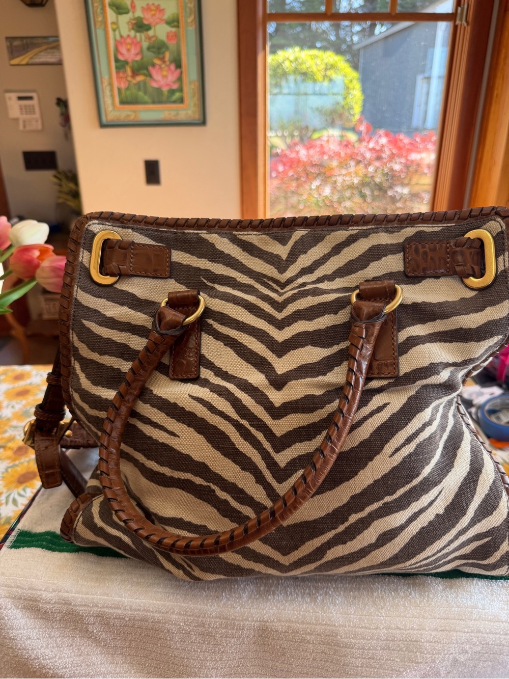 Michael Kors Brown and Cream Zebra-Print Shoulder Tote